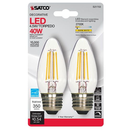 Satco Clear White, 2700K LED Candle Bulb 4.5W - 2 Pack