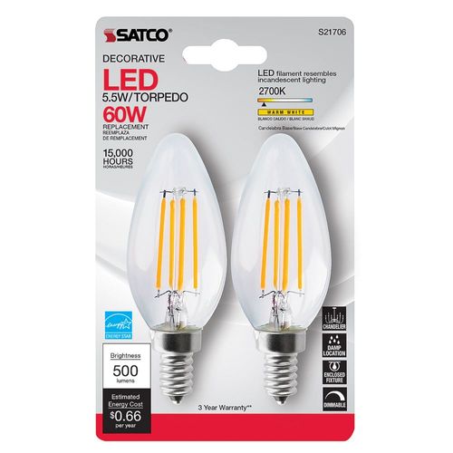 Satco Clear LED Candle Bulb 5.5W - 2 Pack