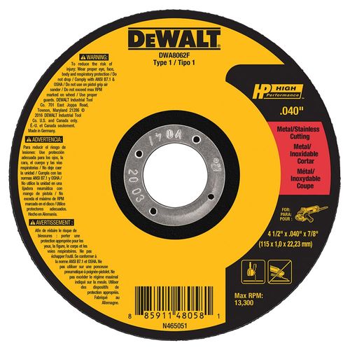4 1/2" Cutting Wheel Temper Point 7/8" Arbor .040" Thickness Dewalt