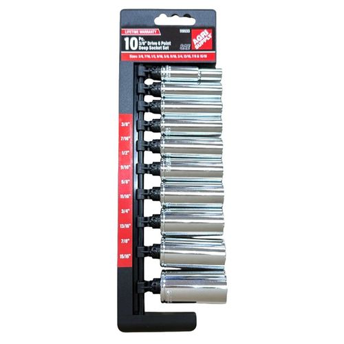 Performance Tool 3/8" Drive 10 pc 6 Point SAE Deep Well Socket Set