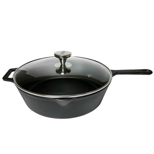 Carolina Cooker 12" Preseasoned Cast Iron Deep Skillet with Glass Lid