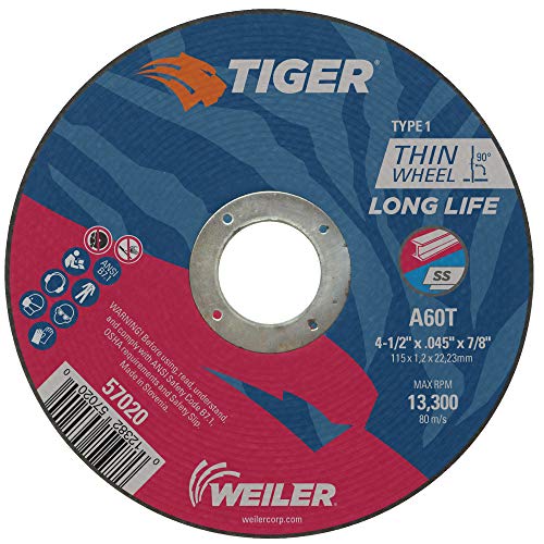 Weiler 57020 4-1/2" x 0.045" Tiger Type 1 Thin Cutting Wheel, A60T, 7/8" A.H. (Pack of 25)