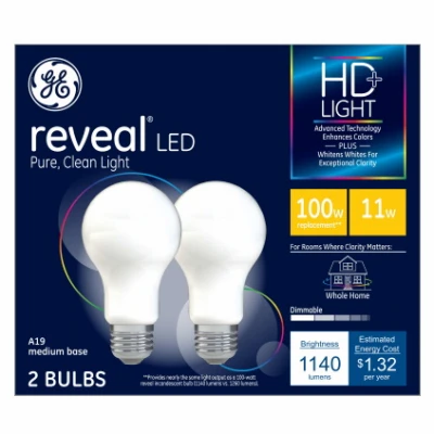 Energy‑Smart HD Reveal LED A19 Bulb – 1600 lm, 10.5 W (2‑Pack)