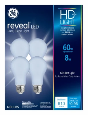 Reveal HD LED Light Bulbs – 6.4W Clean White Frosted A19, 800 lm, Dimmable, 4‑Pack