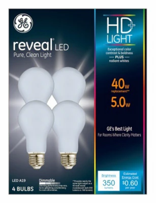 Reveal HD 4W Frosted LED Light Bulb – 4‑Pack, Dimmable, 450 lm, Warm White (2950K)