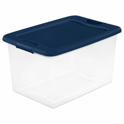 Latch Storage Box, Clear Base, Blue Lid & Latches, 64 Qts.