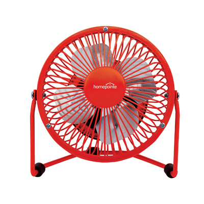 High-Velocity Personal Fan, Dual USB/120-Volt, Red, 4-In.