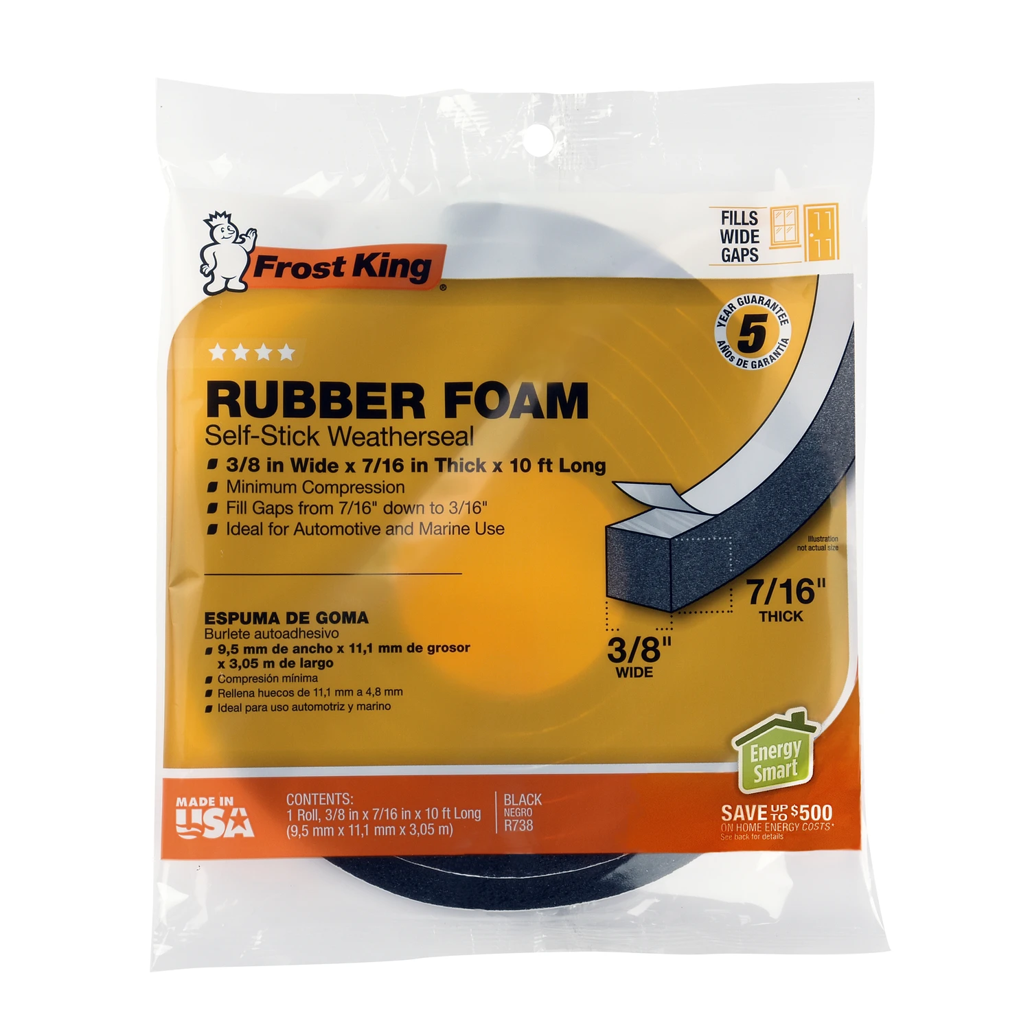 Rubber Foam Weatherseal Tape, 3/8W x 7/16 In. T x 10 Ft.