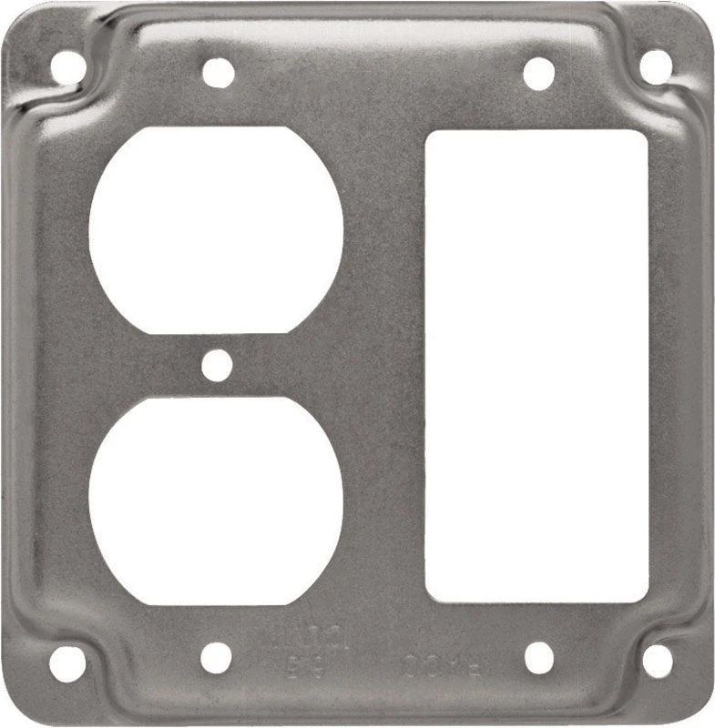 GFI & Duplex Receptacle Box Cover, Flat Corner, Exposed, Steel, 4 In.