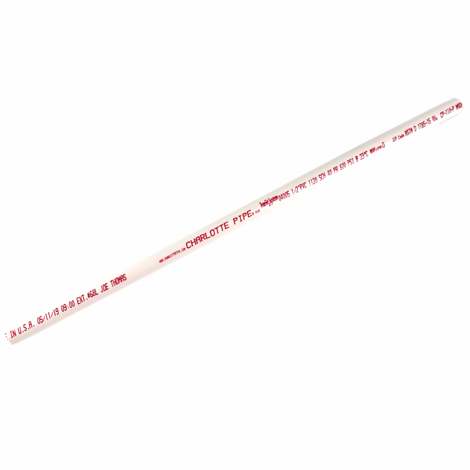Schedule 40 PVC Pipe, 600 PSI, 1/2-In. x 2-Ft.