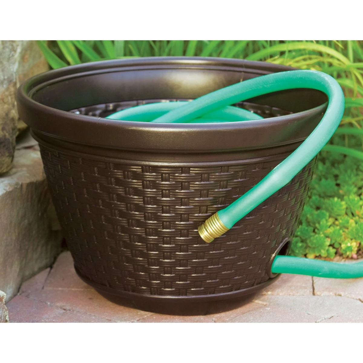 Wicker Hose Reel Pot, Brown Resin, 100 Ft.