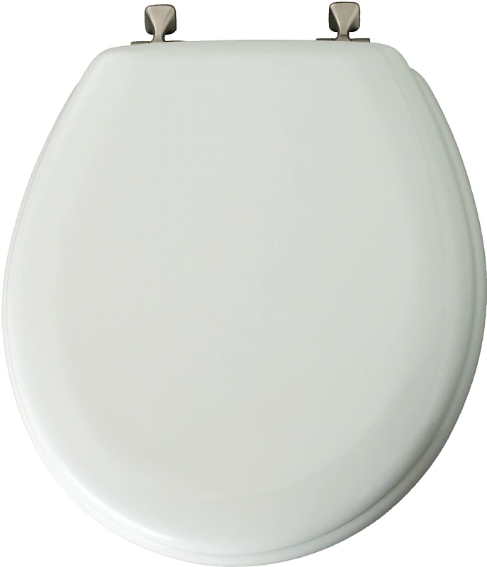 Round Molded Wood Toilet Seat, Brushed-Nickel Hinge, STA-TITE, White