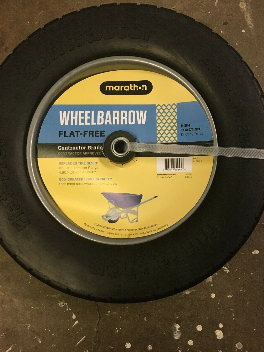 Wheelbarrow Tire + Wheel Assembly, Knobby Tread, Flat Free, 4.80-8