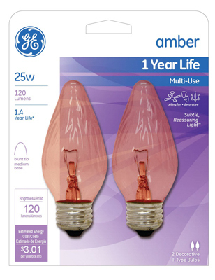 Decorative Light Bulb, Flame Shape, Amber, 25 Watt, 2-Pk.