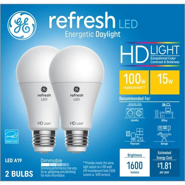Refresh HD LED Light Bulbs, Daylight, 1600 Lumens, 13 Watt, 2-Pk.