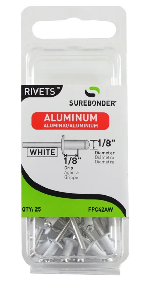 Aluminum Rivets, Short, White, 1/8-In. Dia., 25-Pk.