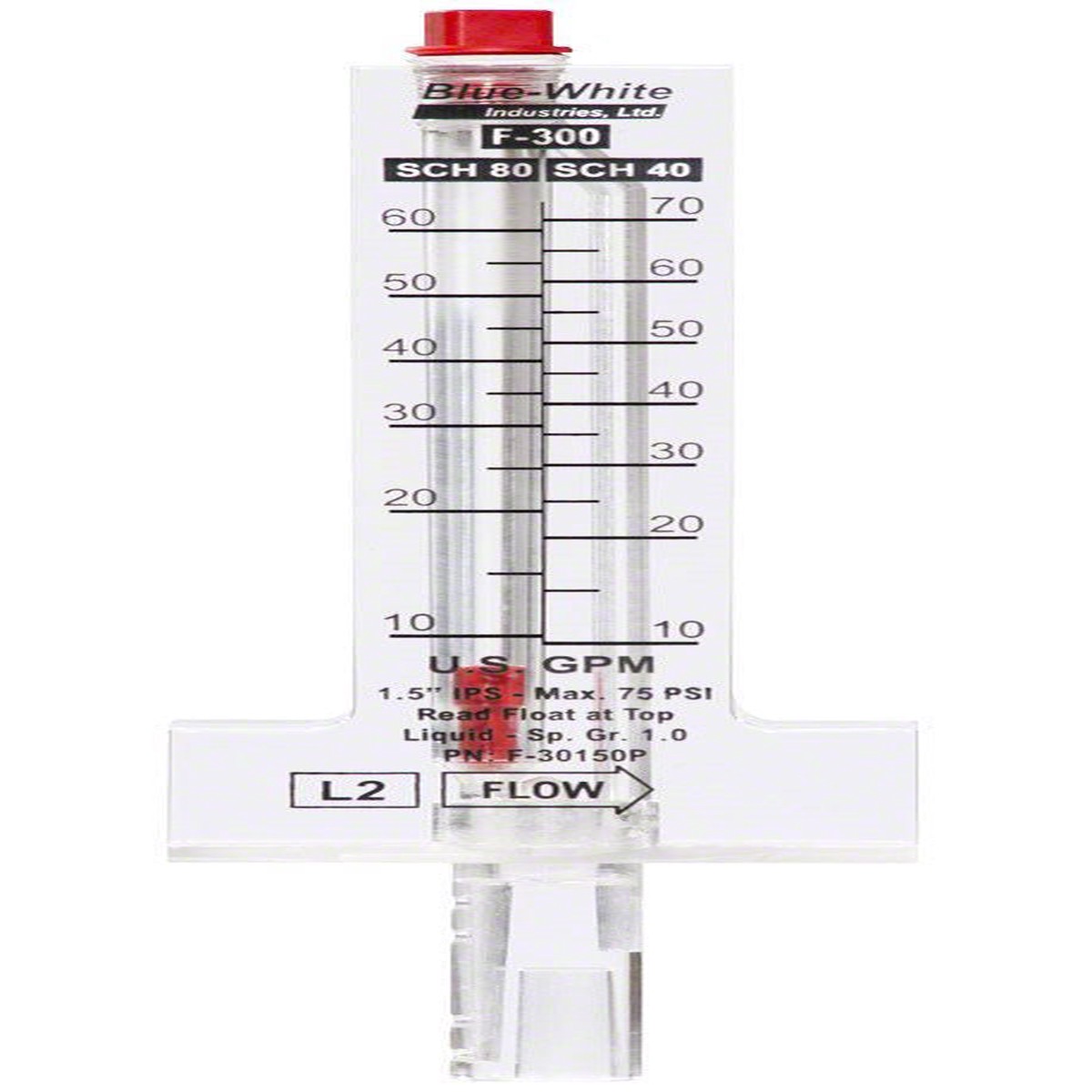 F-300 Acrylic Flowmeter for 1-1/4 Inch Schedule 40/80 Horizontal Pipe - 9-50 GPM