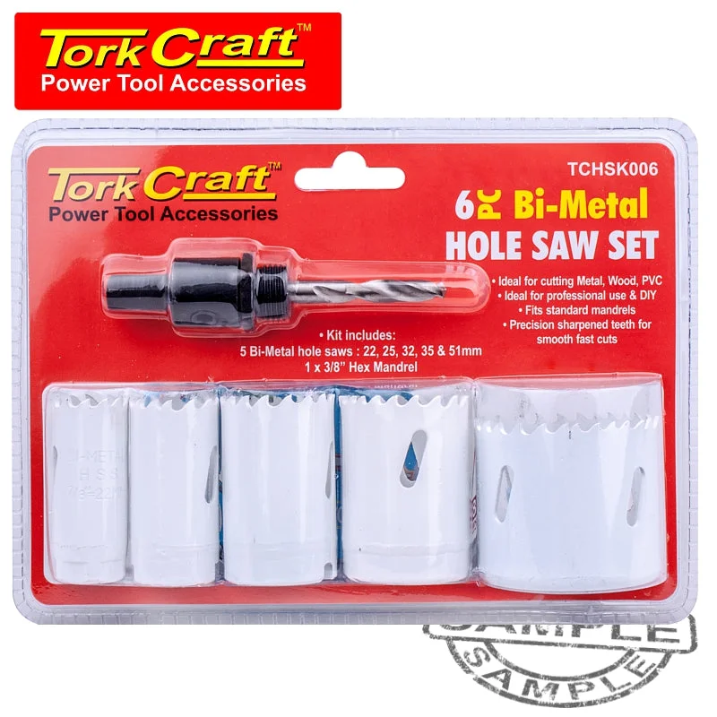 HOLE SAW SET 6PCE BI-METAL (22/25/32/35/51MM & 3/8 HEX MANDREL)