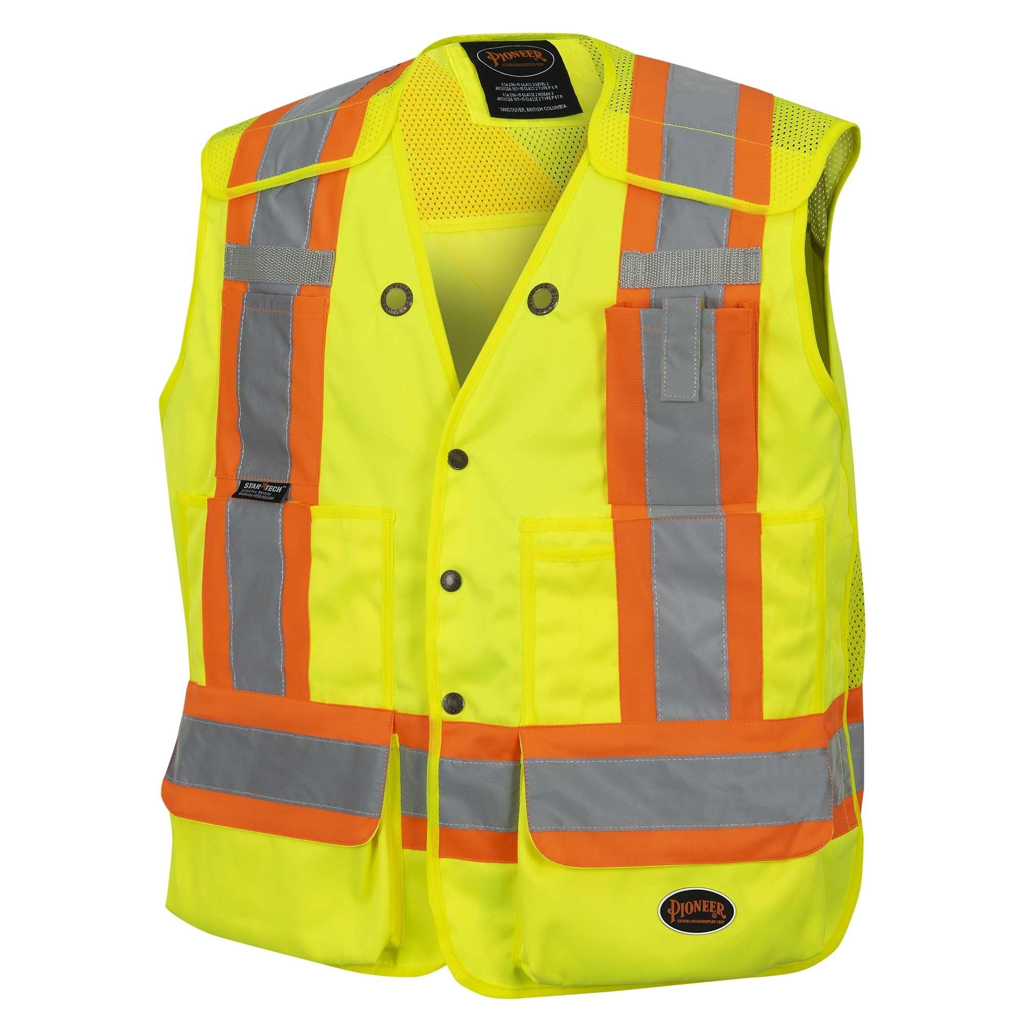 Pioneer High Visibility 5 Point Tear-Away Surveyor Safety Vest, Extra-Long Back, Yellow-Green