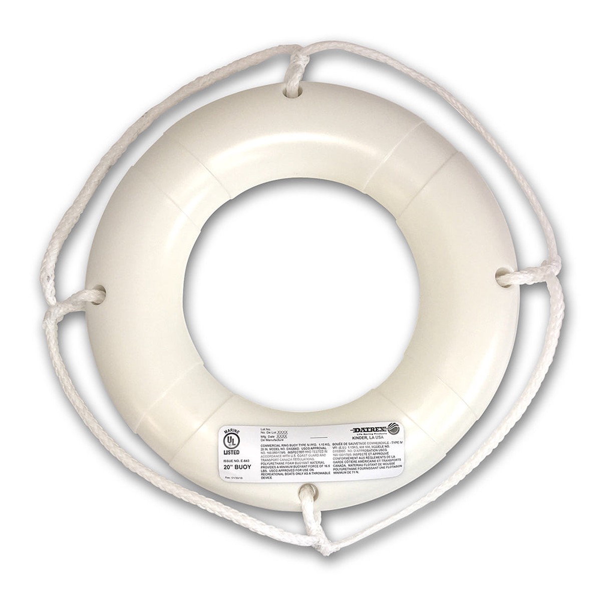 USCG High-Impact Polyethylene 20 Inch Life Ring Buoy - White