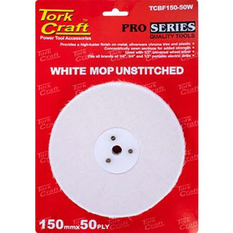WHITE BUFF/MOP UNSTITCHED 150 X 50PLY X 1/2′ HOLE